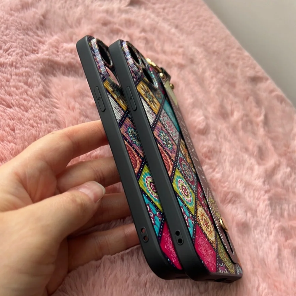 For iPhone 14 plus,14 pro max phone case with wrist strap kickstand keychain